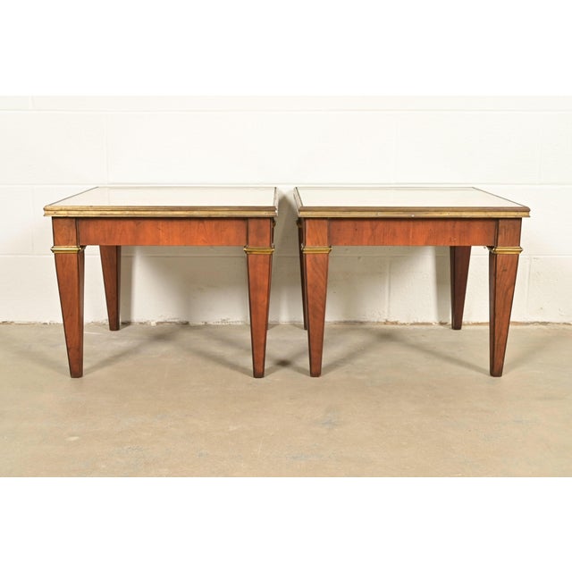French Baker Furniture French Regency Louis XVI Cherry, Burl Wood, and Brass Side Tables, Pair For Sale - Image 3 of 10