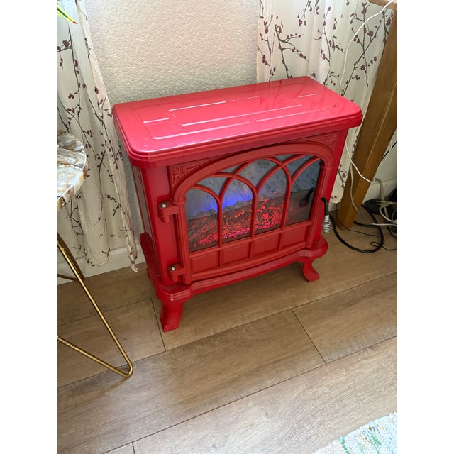 2000 - 2009 Vintage Red Metal Electric Faux Fireplace Heater For Sale - Image 5 of 8