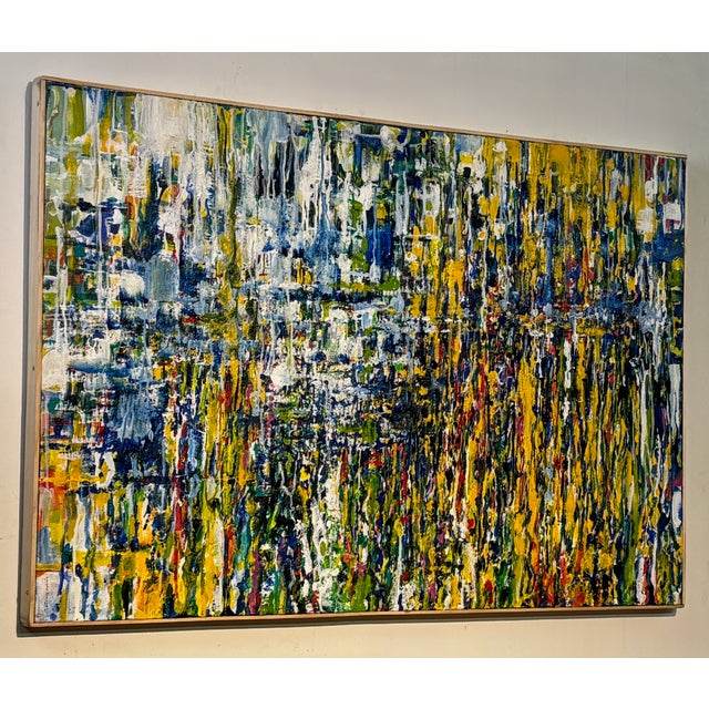 A large modern abstract painting by California artist Carol Bernard. Oil on canvas. Bright vibrant colors applied with an...