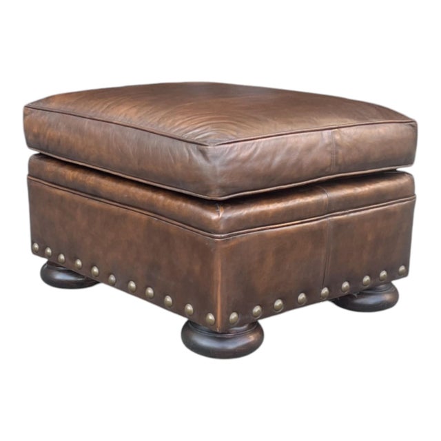 English Distressed Tobacco Brown Leather Ottoman W/ Classic English Styling For Sale - Image 3 of 5