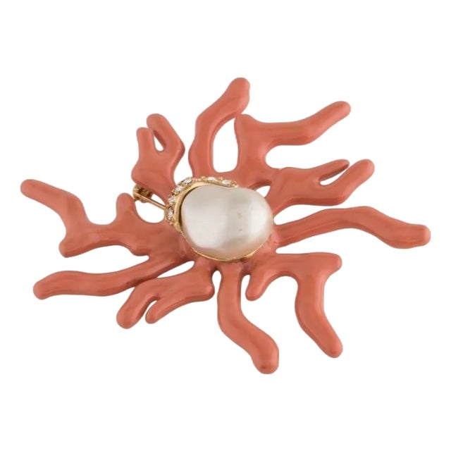90s Oscar De La Renta Brooch Coral Branch Pearl Enamel Rhinestones Crystals Vintage Gold Plated For Sale