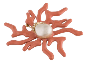 90s Oscar De La Renta Brooch Coral Branch Pearl Enamel Rhinestones Crystals Vintage Gold Plated