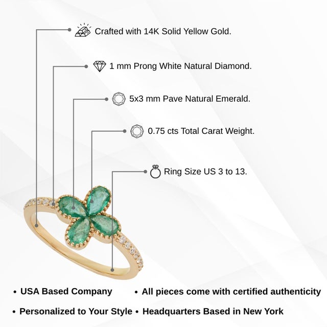 Modern Four-Leaf Emerald Diamond Clover Ring Size 8 in 14k Yellow Gold For Sale - Image 12 of 16