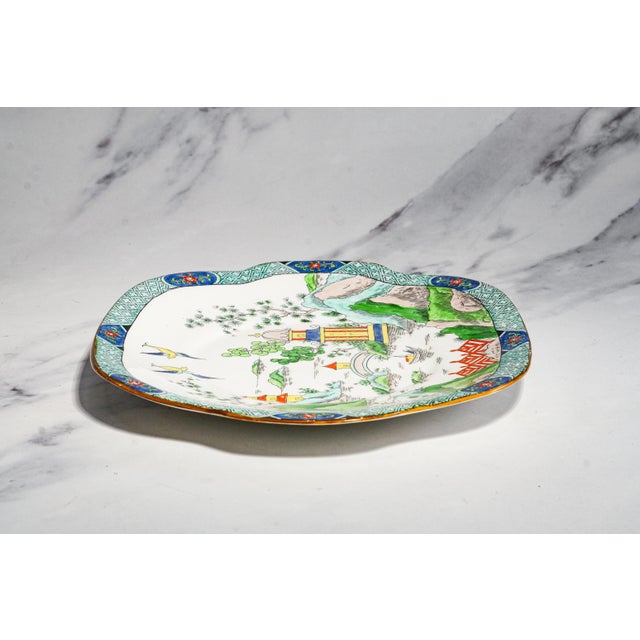 English Hand Painted Square Antique Porcelain Cake Plate Ye Olde Willow Crown Staffordshire Asian Chinoiserie Tiffany & Co Home Decor For Sale - Image 13 of 16