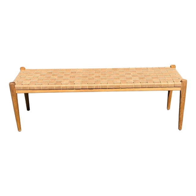Teak Wood Framed Bench, With Woven Leather Seat For Sale
