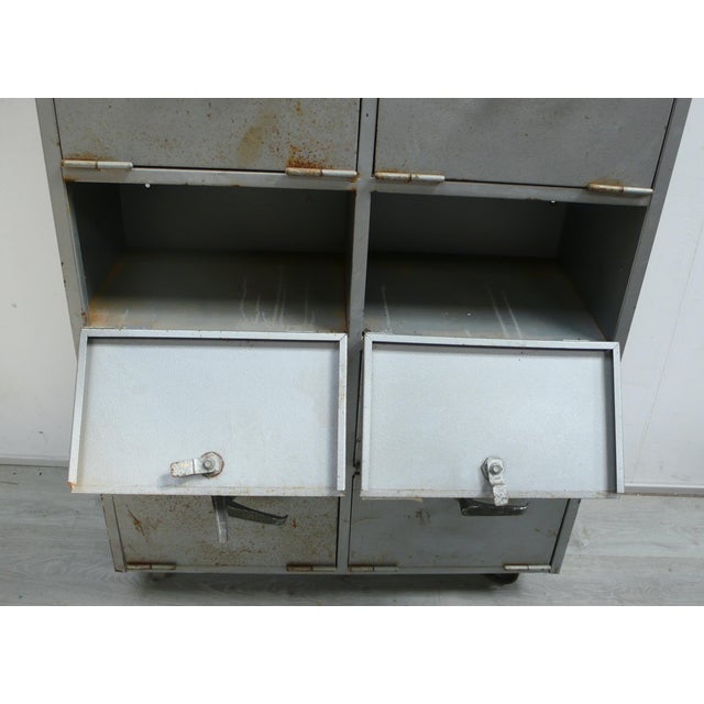 1950s Vintage Industrial Metal Cabinet with 10 Fold-Down Doors on Casters, 1950s For Sale - Image 5 of 10