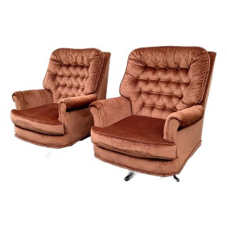 1970s Vintage Les Brown Chair Co. Mocha Strie Velour Swivel Chairs- Pair For Sale