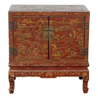 Antique Storage Cabinet Oriental Chinese Red Lacquer Chinoiserie W Stand & Brass For Sale