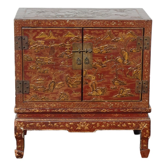 Antique Storage Cabinet Oriental Chinese Red Lacquer Chinoiserie W Stand & Brass For Sale