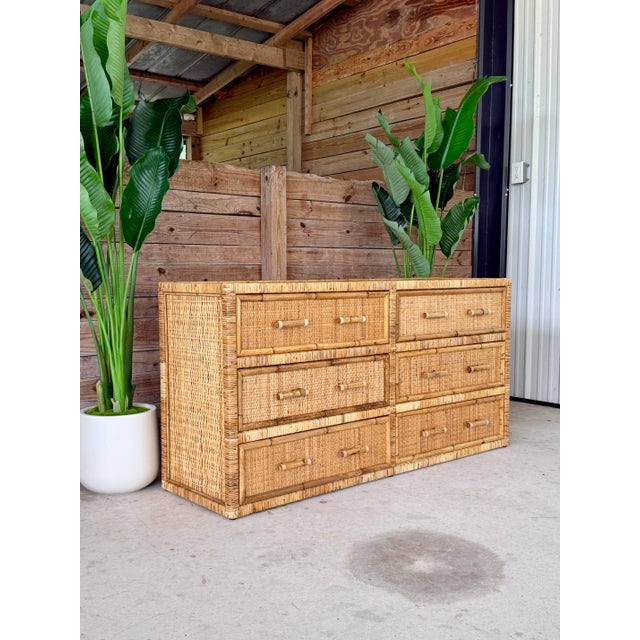 Vintage Pencil Reed Rattan 6-Drawer Dresser With Cane Drawer Fronts For Sale - Image 11 of 12