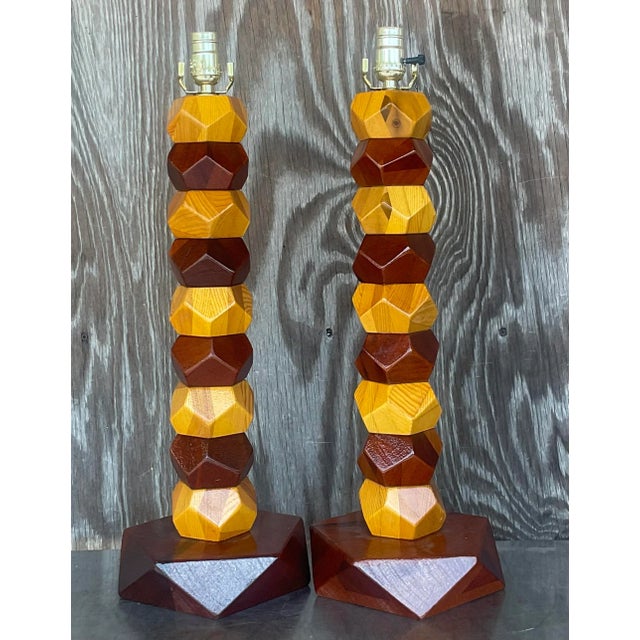 Vintage Boho Stacked Faceted Wood Block Lamps - a Pair For Sale - Image 4 of 6