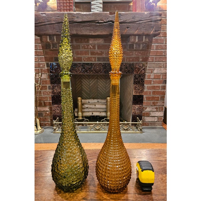 Pair of Vintage Glass Genie Bottles - Amber Diamond and Green Hobnail For Sale In Charlotte - Image 6 of 15