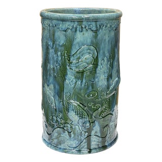 Vintage Distressed Marks Turquoise Green Lotus Fishes Ceramic Holder For Sale