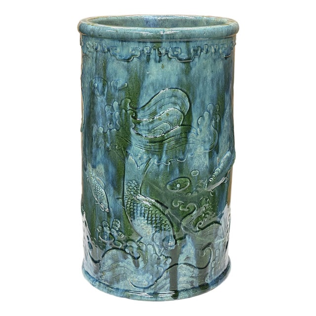 Vintage Distressed Marks Turquoise Green Lotus Fishes Ceramic Holder For Sale
