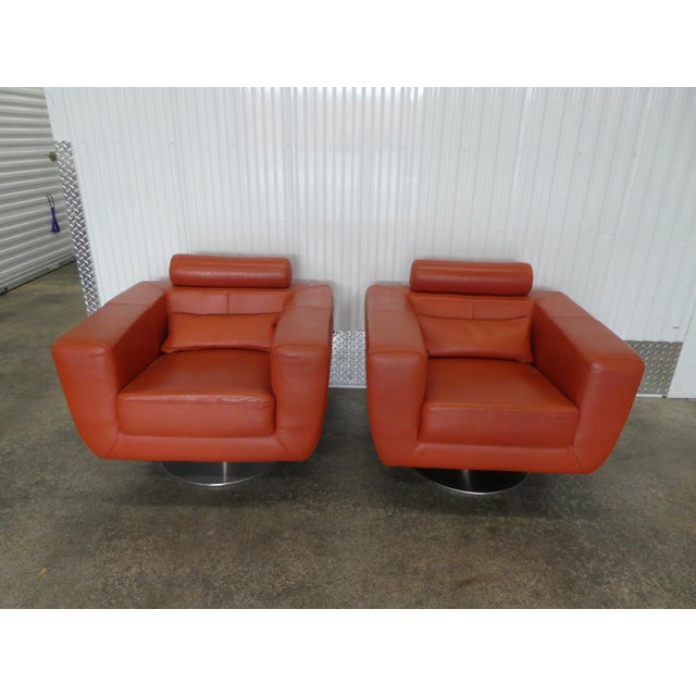 Contemporary Italian Leather Lounge Chairs W Chrome Bases - a Pair sold as found in vintage condition showing normal signs...