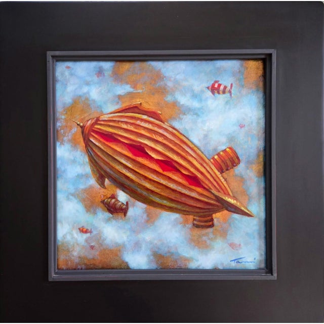 This oil painting depicts a whimsical airship gliding through a sky filled with soft clouds and vibrant fish. The warm...