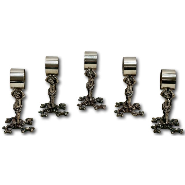 Outstanding Orig. Set of 5 Large Antique Victorian Sheffield England Silverplate Figurative Putti Napkin Rings Circa 1900 For Sale - Image 11 of 18
