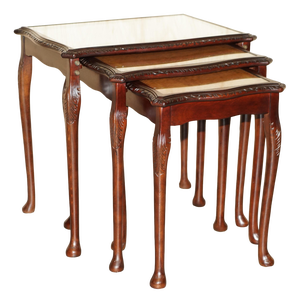 Vintage Gold Leaf Embossed Nesting Tables with Brown Leather Tops, Set of 3