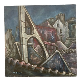 Abstract Modern Industrial Scene Original Painting "Rooftops" Attributed to Artist Maggie Hsun-Wei Hsu For Sale