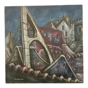 Abstract Modern Industrial Scene Original Painting "Rooftops" Attributed to Artist Maggie Hsun-Wei Hsu