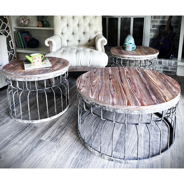 Transitional Reclaimed Wood & Distressed Wrought Iron Coffee & Side Tables Trio For Sale - Image 12 of 13