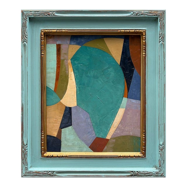 Contemporary Abstract Oil Painting in Vintage Blue Painted Frame For Sale
