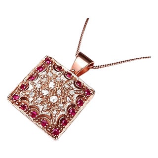 Late 19th Century 14K Pink Rose Gold Diamond Ruby Filigree Pendant Slide For Sale