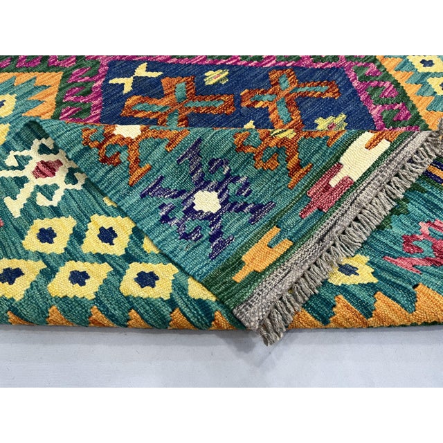 4'5" X 5'10" Green Afghan Chobi Kazak Geometric Wool Flatweave Kilim Rug For Sale - Image 9 of 16