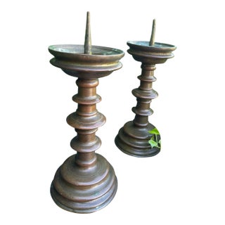A Pair of Bronze Pricket Candlesticks Circa 1500 For Sale