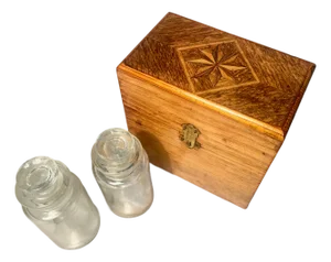 Miniature Apothecary Tiger Oak With 2 W.T.&Co.Medicine Bottles 1800s