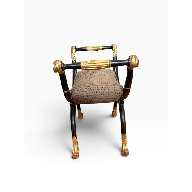 Wood Vintage Maitland-Smith Neoclassical Black & Gilt Curule Bench With Asian Calligraphy Upholstery For Sale - Image 7 of 14