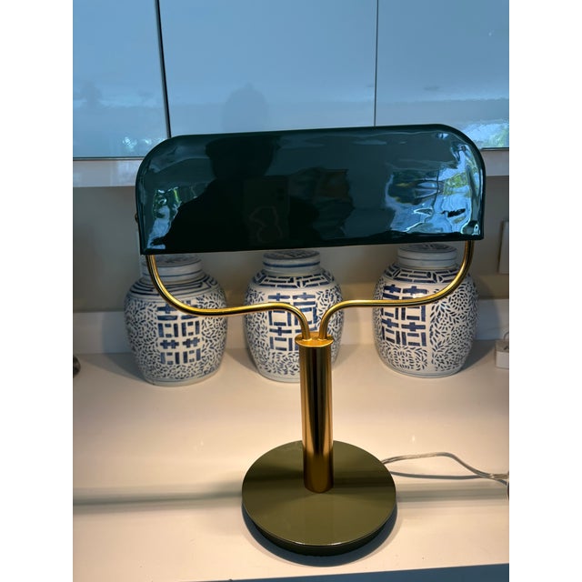 Contemporary Army Green Lacquer Brass Modern Banker Desk Lamp For Sale - Image 13 of 16