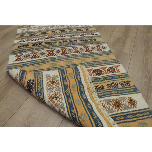 Yellow 1960s Ethnic Design Ikat Tribal Yellow Striped Kilim Rug For Sale - Image 8 of 13