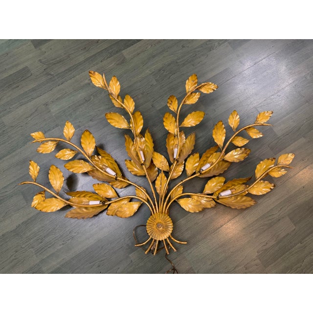 Large Vintage Brass-Tone Aluminum Leaf Wall Sconce, Sculptural Botanical Wall Lamp, Mid-Century Style For Sale - Image 10 of 11