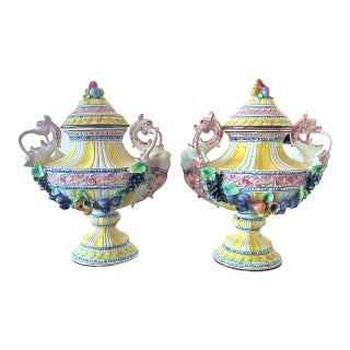 Early 19th Century Large Italian Yellow and Green Majolica Urns Tureens With Exotic Dragon Handles- a Pair For Sale