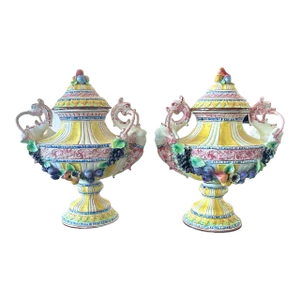Early 19th Century Large Italian Yellow and Green Majolica Urns Tureens With Exotic Dragon Handles- a Pair