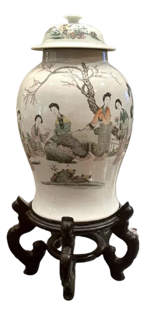 Large Antique Chinese Famille Rose Porcelain Baluster Vase Temple Jar.
