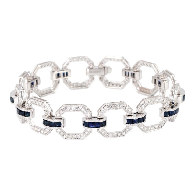 18k Sapphire Diamond Bracelet Womens White Gold 7.42in Milgrain Art Deco For Sale
