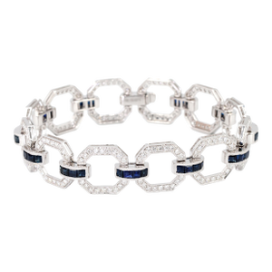 18k Sapphire Diamond Bracelet Womens White Gold 7.42in Milgrain Art Deco