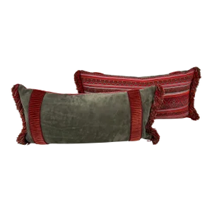 Gray Natural Suede & Red Belgian Weave Pillows- a Pair