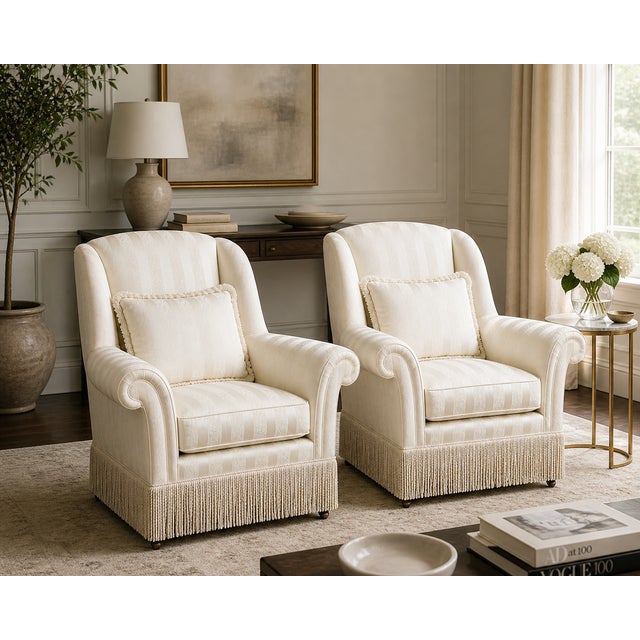 Elegant chairs with sheen off-white striped fabric. These will make a living room look like a million dollars. They were...