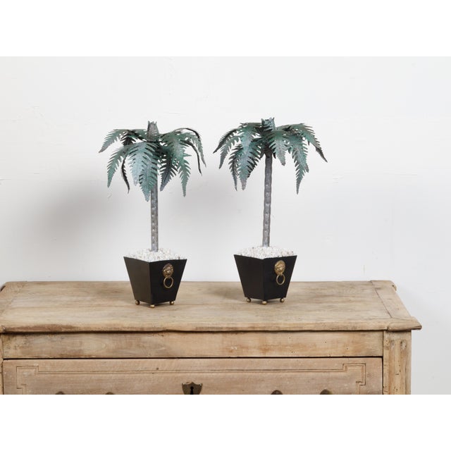 Green Pair of French Midcentury Palm Tree Sculptures in Black Tapering Pots For Sale - Image 8 of 10