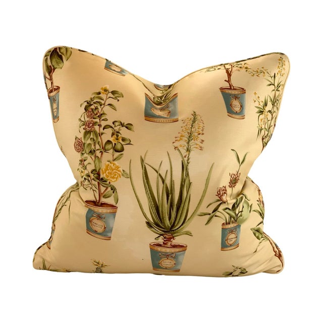 Yellow Hand-Printed European Fabricut Vervain Botanique Green Rusty-Red Turquoise Yellow Botanical Potted Floral Pillow Covers- 24" Pair For Sale - Image 8 of 10