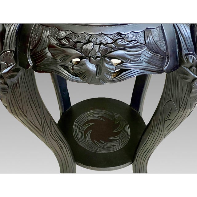 Antique Japanese Iris Pedestal / Plant Stand, Ebonised Carved Black Wood Side Table For Sale - Image 9 of 16