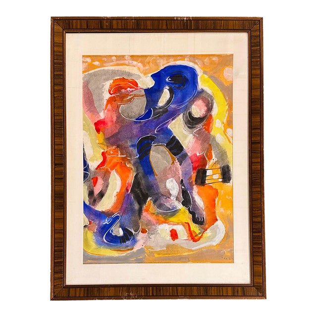 Ferdinand Hocks 1964 Abstract Figurative Painting on Paper, Signed in Lower Right, Framed For Sale