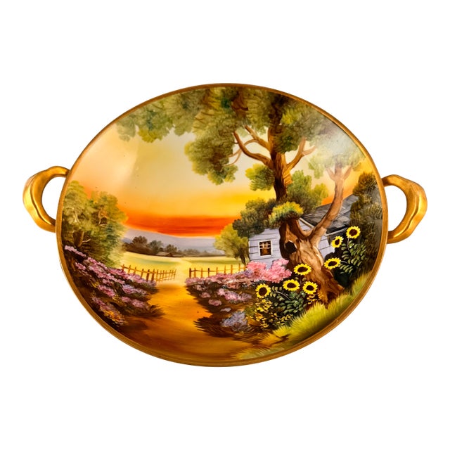 Antique Hand-Painted Nippon Scenic Handled Bowl, Green Wreath Mark, 9.75″ For Sale