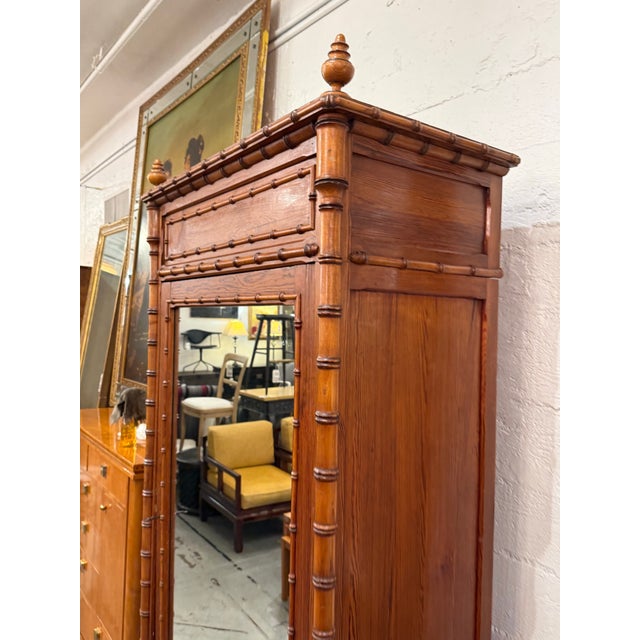 R. J. Horner Style Victorian Faux Bamboo Pine Mirrored Armoire For Sale - Image 11 of 12