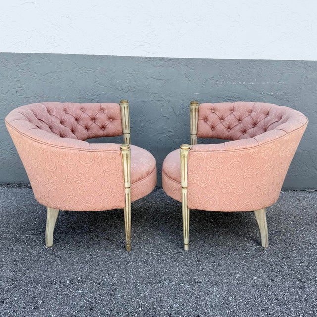 Vintage French-Style Tufted Pink Barrel Accent Chairs - A Pair For Sale - Image 4 of 11