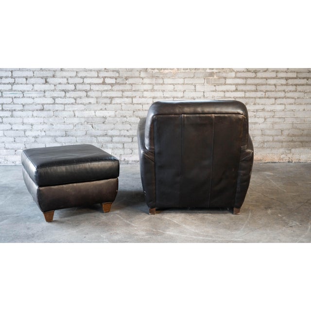 Restoration Hardware Art Deco Black Leather Club Chair & Ottoman For Sale - Image 12 of 14