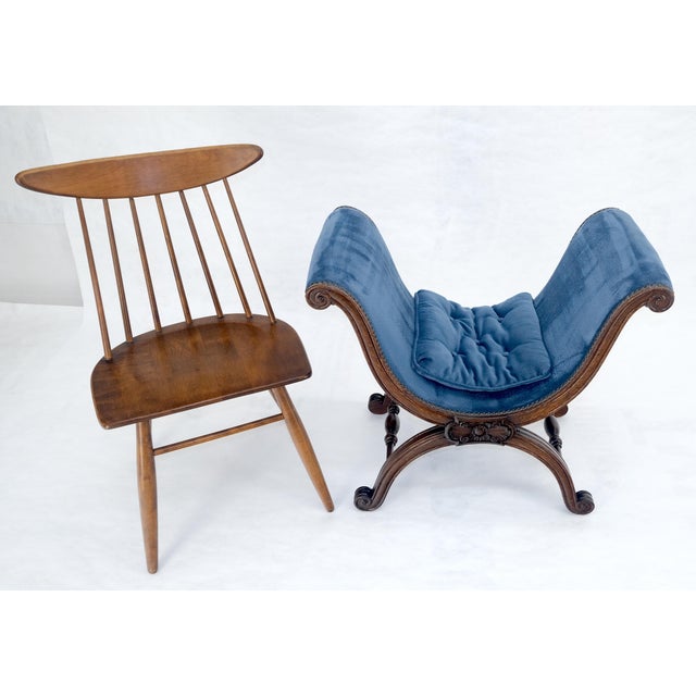 Mid 20th Century French Carved Wood Scissor Shape Blue Velvet Upholstery Bench For Sale - Image 5 of 13